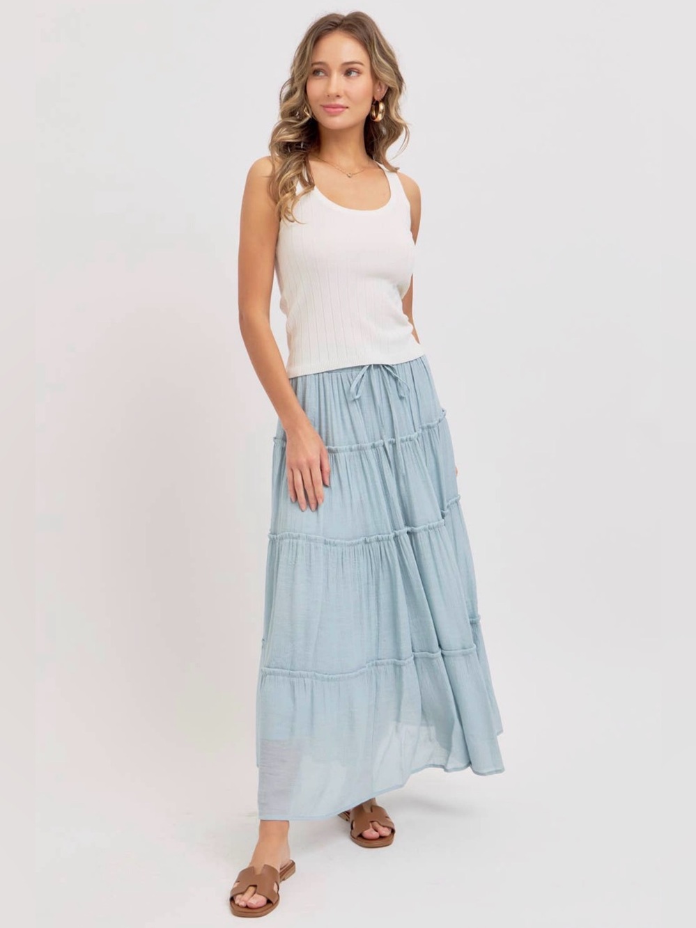 Sweet Lovely by Jenn NWT Boho Blue Flowy Tiered Maxi Skirt Lined